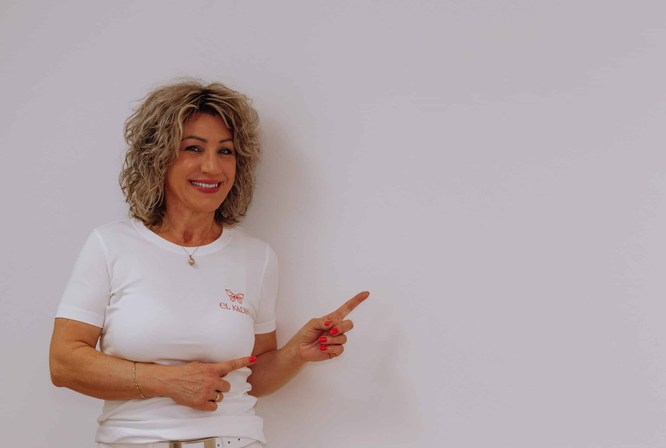 a woman pointing at something